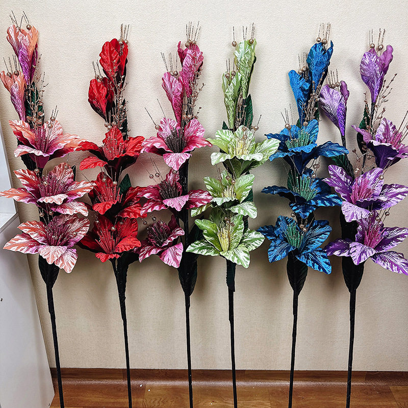 仿真花欧式高枝亮光绒布百合花家居客厅落地摆放插花橱窗装饰花艺