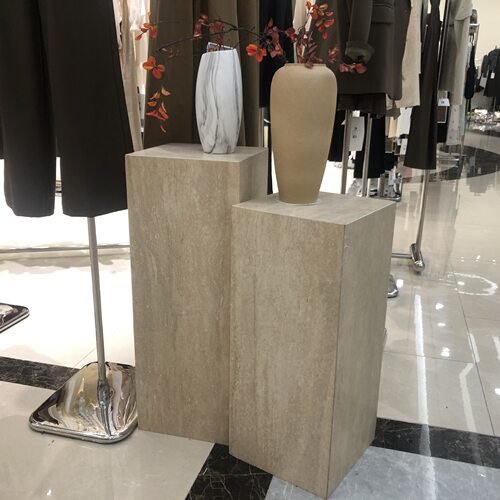 酒店服装店哑光方形天然洞石大理石边几装饰立柱工艺品摆件底座