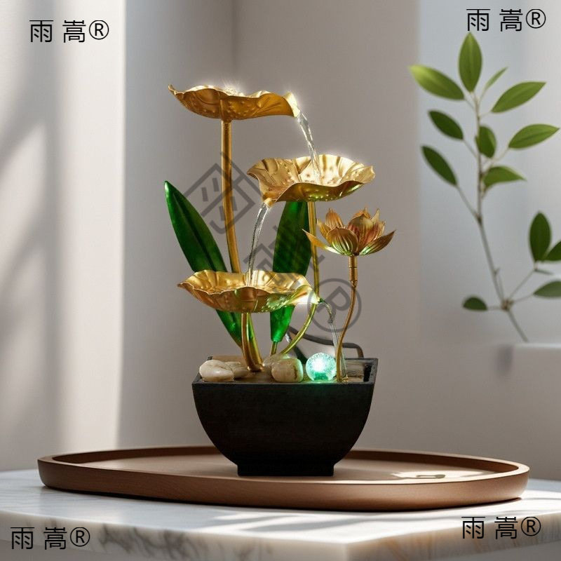 装饰品荷叶工艺桌面办公室小型解压风水放松招财加湿器流水摆件铁