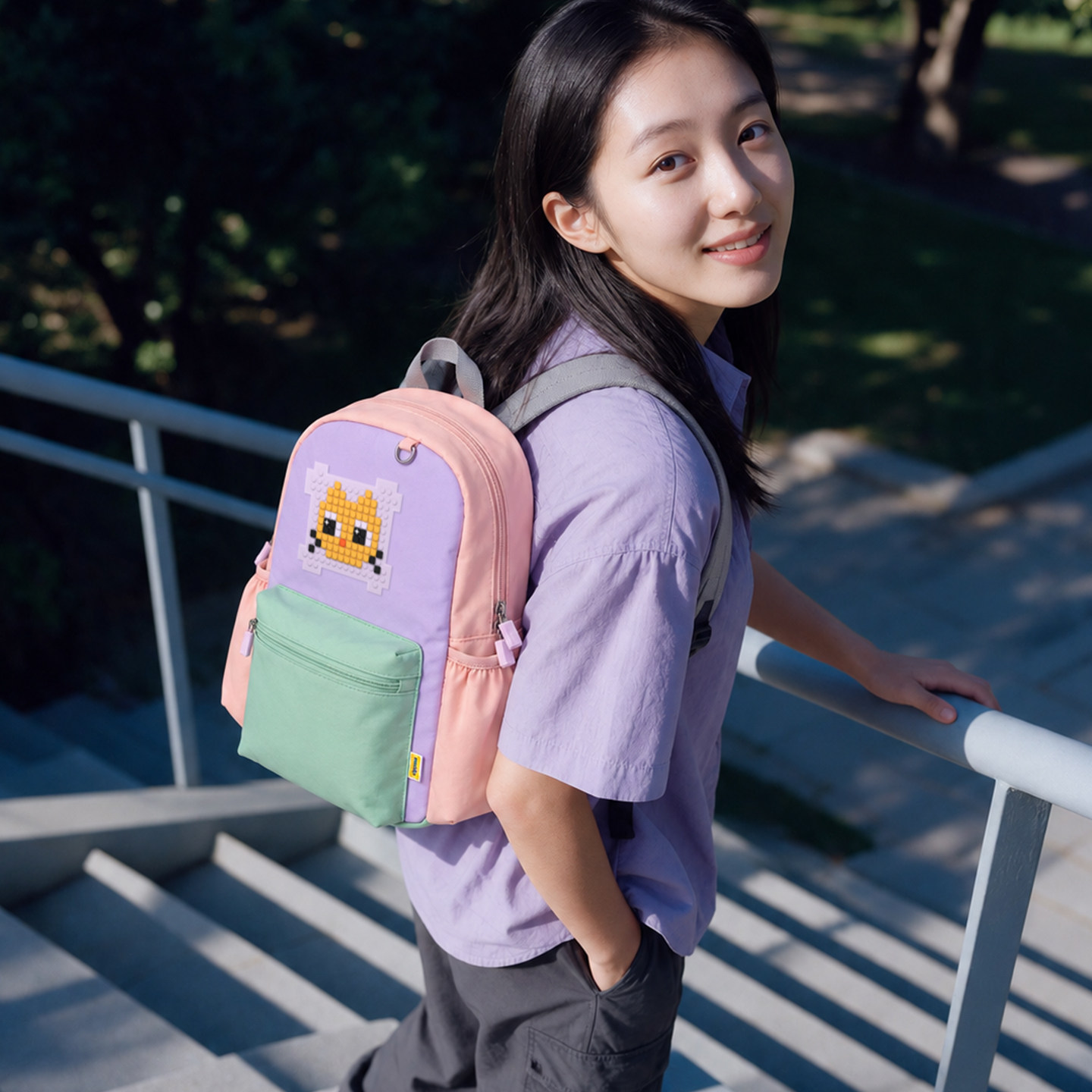 像素风造物拼图亲子打卡女双肩包