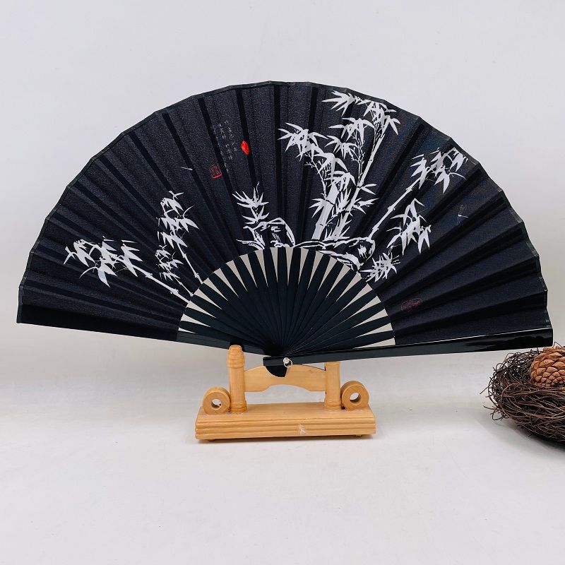 烤漆边男式折扇竹子印花款提花面料折叠扇子孔雀折扇轻巧易开合