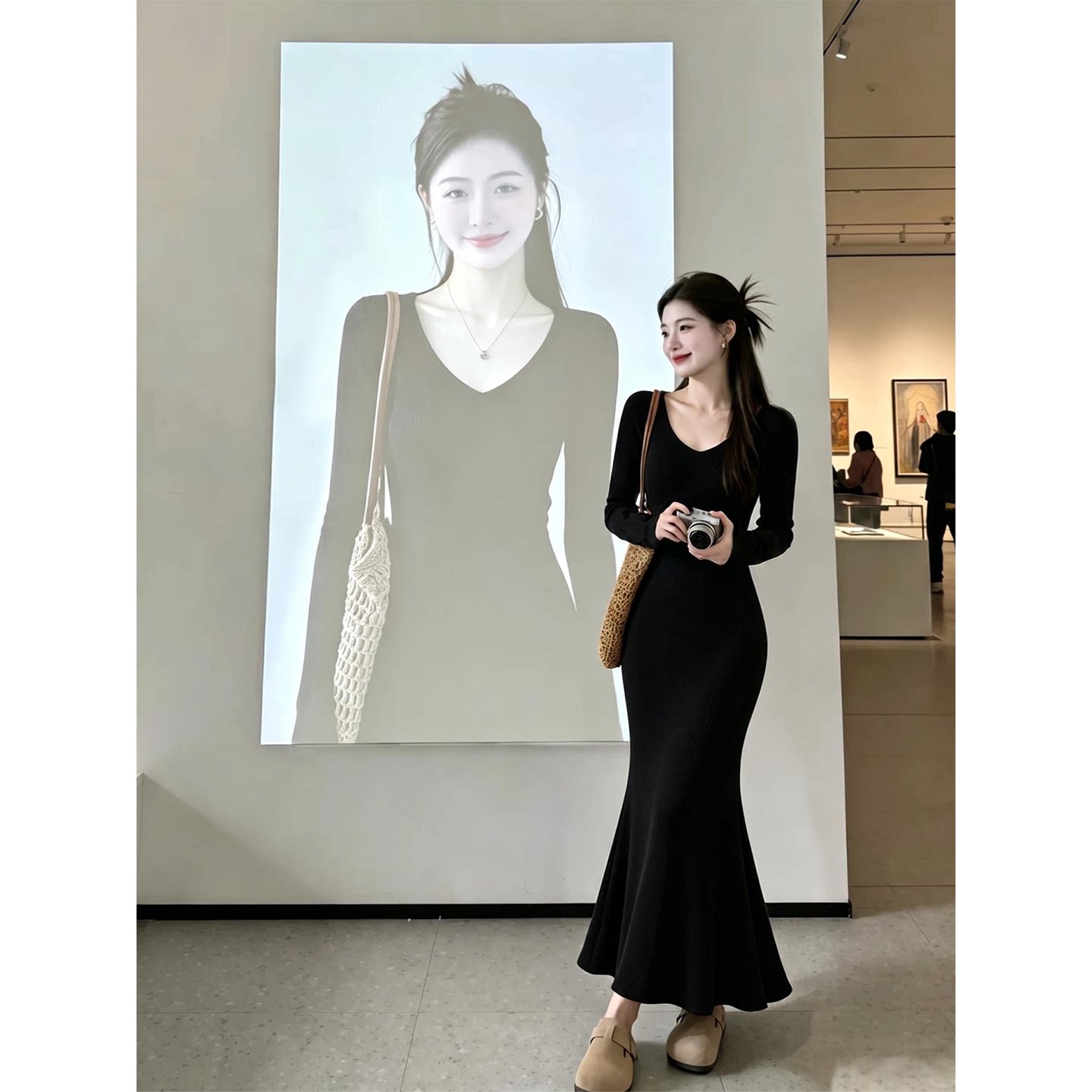 黑色包臀鱼尾连衣裙女秋