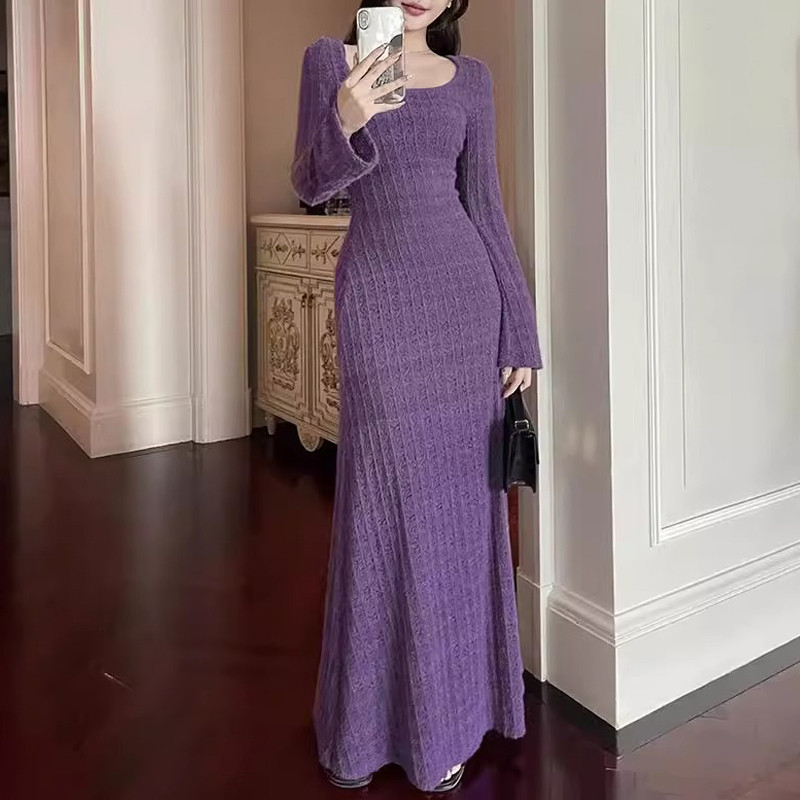 紫色针织连衣裙子女早春
