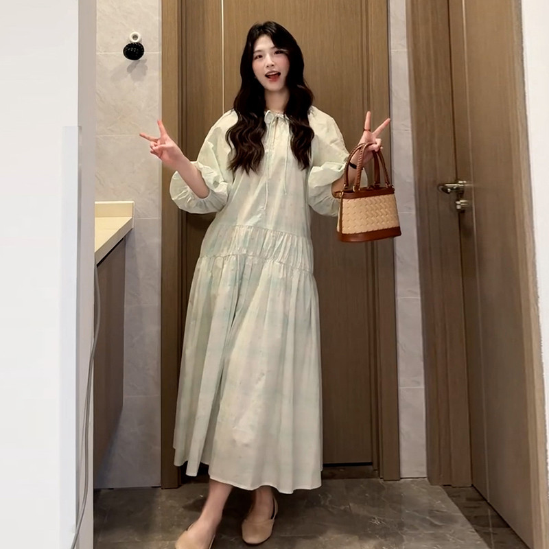 法式绿色泡泡袖洋装子女