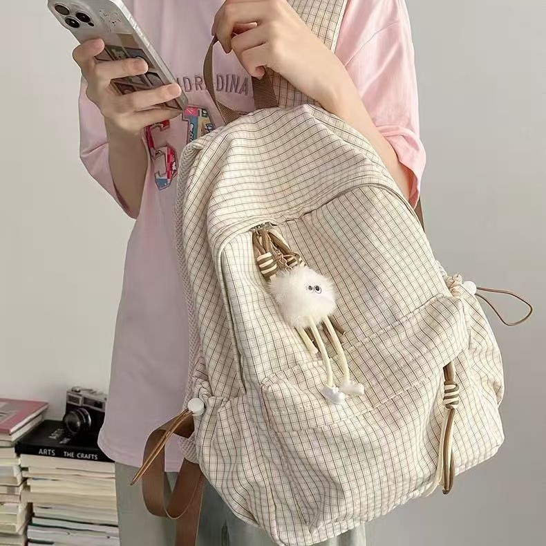 新款韩版ins高颜值清新甜美背包学生大容量简约休闲格子双肩包女