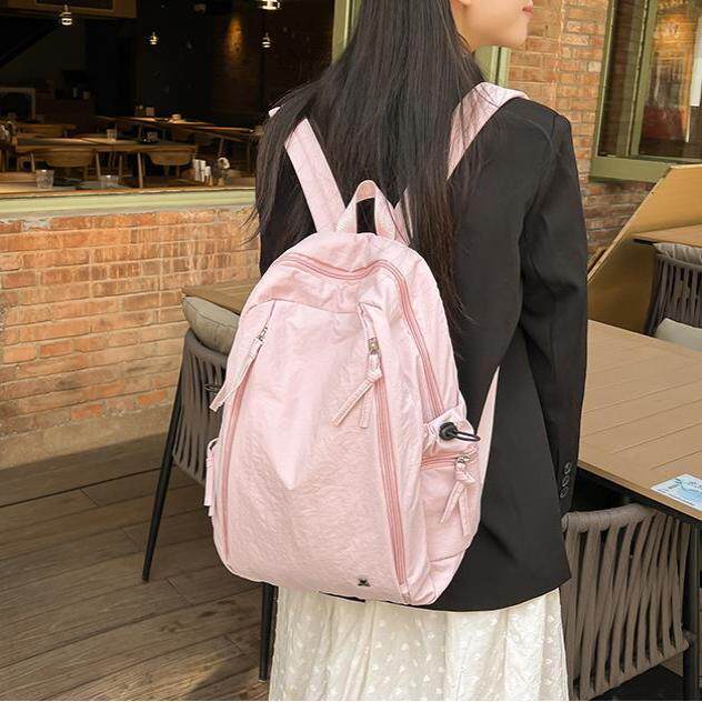 日系休闲书包女大学生简约纯色双肩包女百搭轻便初高中生电脑背包