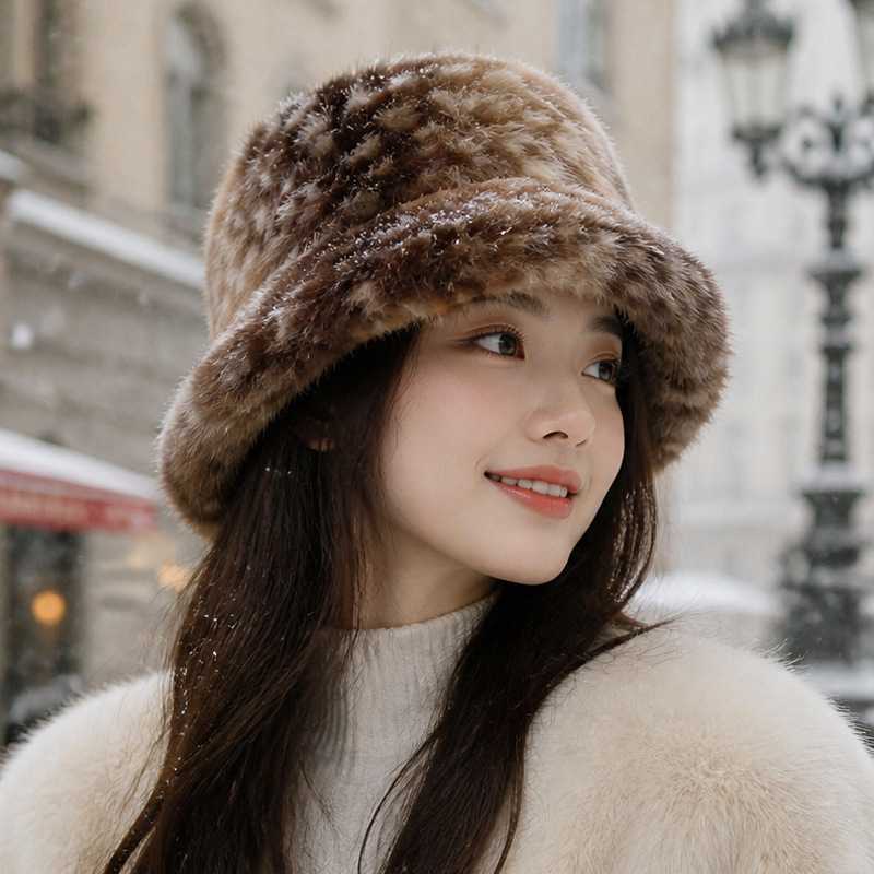 秋冬气质毛绒渔夫帽小鹿纹保暖帽子大头围女款加绒显脸小盆帽