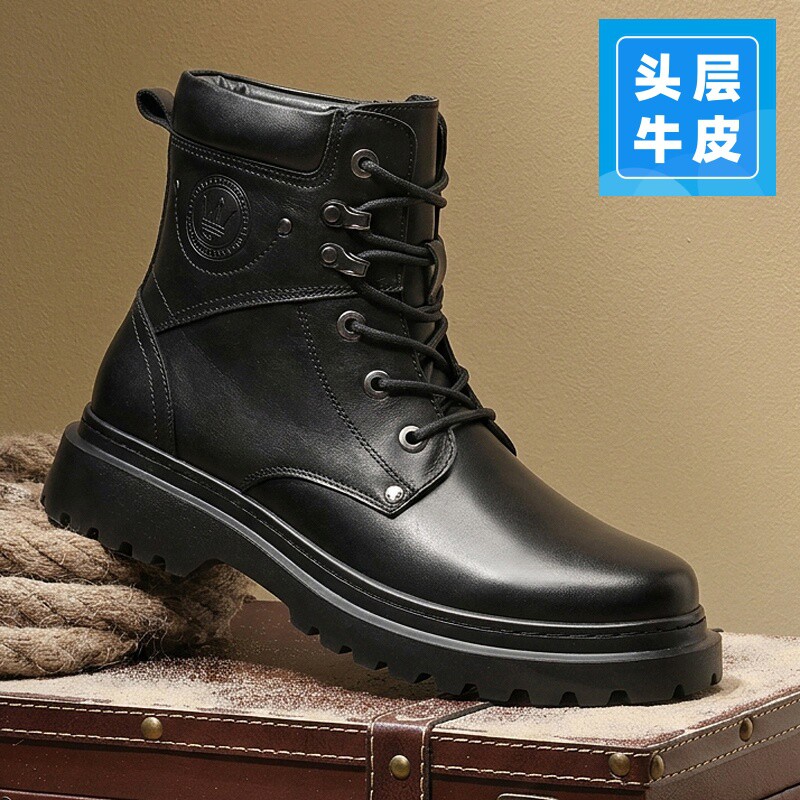头层牛皮马丁靴男高帮厚底工装靴黑色真皮男士冬季加绒保暖棉皮靴