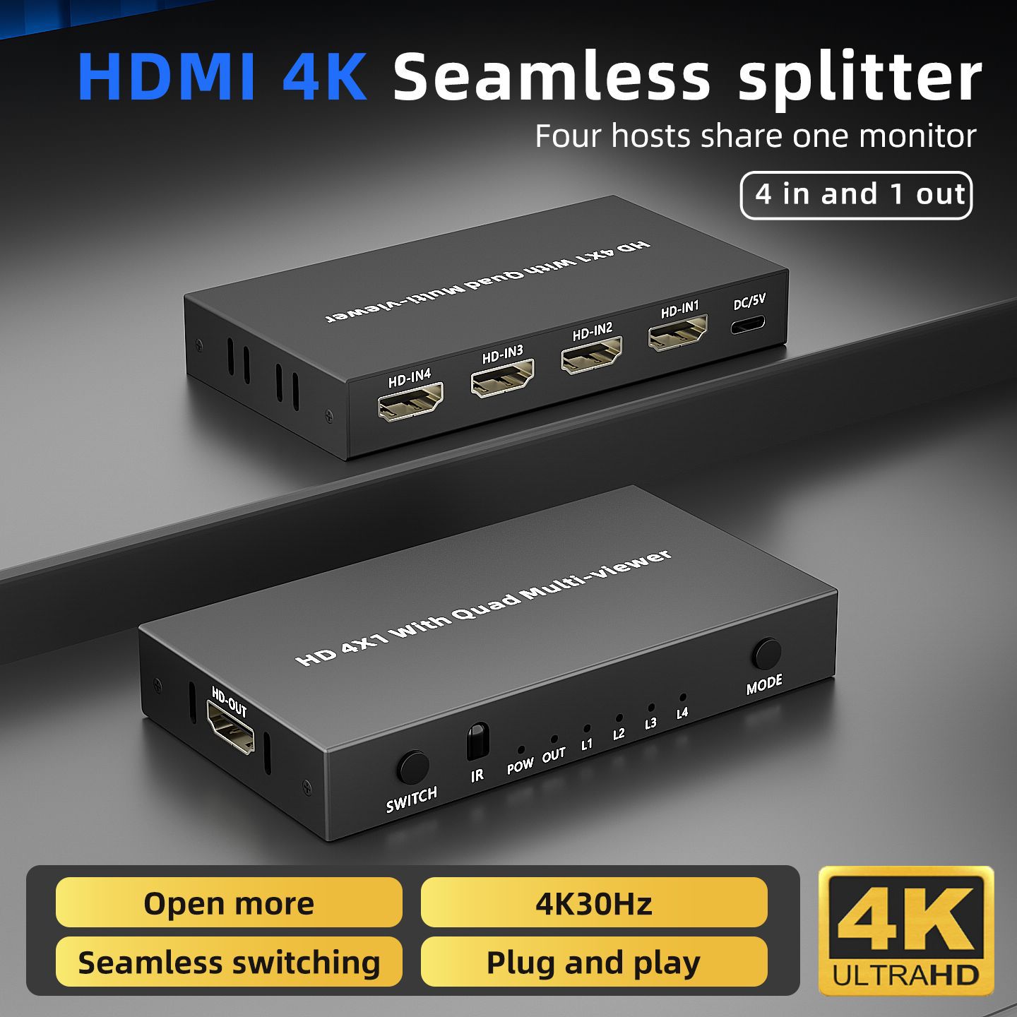 HDMI画面分割器4进1出分屏器四画面无缝切换器4电脑共用一显示器