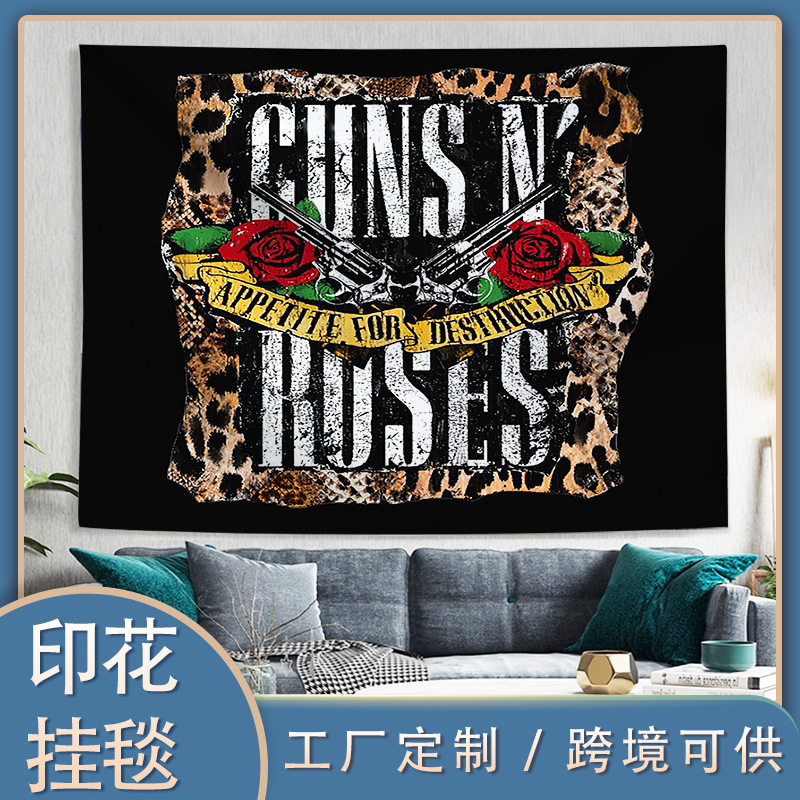 跨境玫瑰骷髅印花挂毯房间装饰背景布宿舍卧室床头挂毯挂布