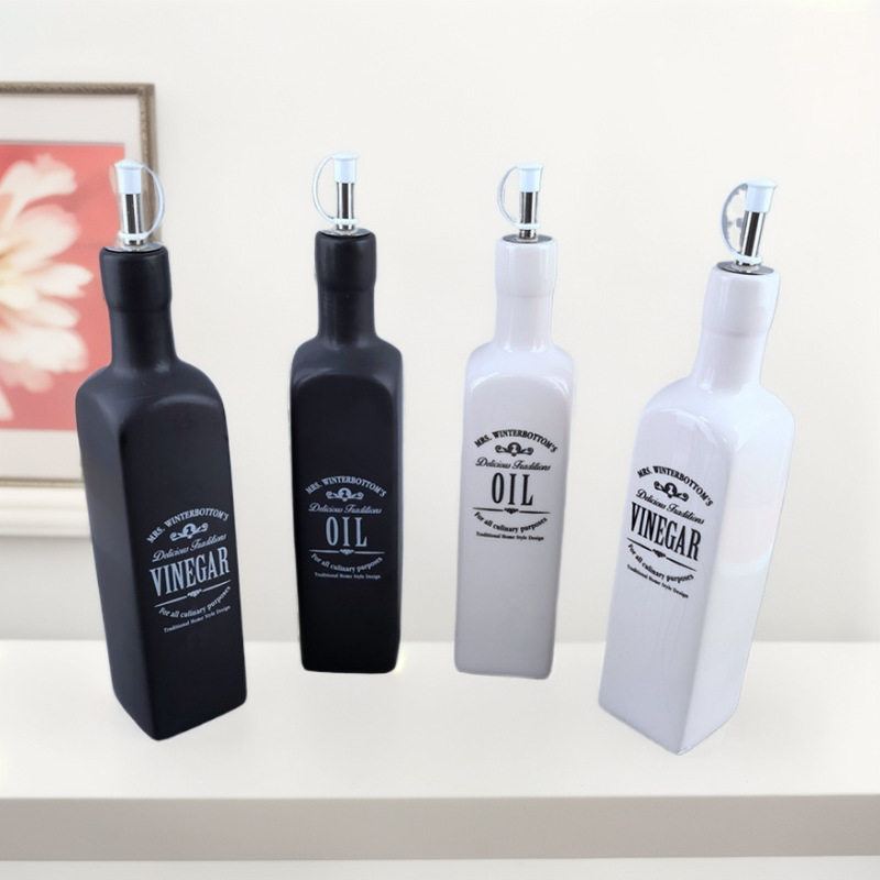 亚马逊黑白方形油壶瓶陶瓷调味瓶套装家用油瓶厨房用品油醋壶瓶装