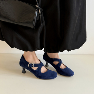 LTMODA / 跟高5.5cm玛丽珍鞋女羊反绒圆头高跟鞋浅口单鞋磨砂鞋子