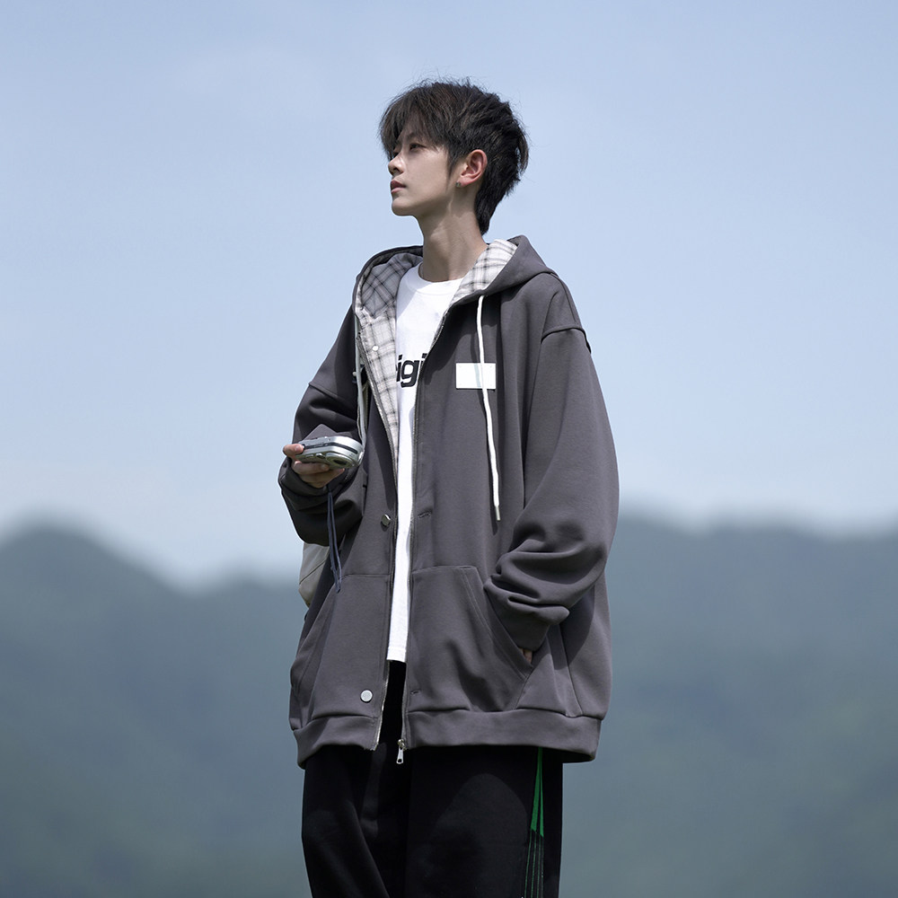 黑色连帽开衫卫衣外套男
