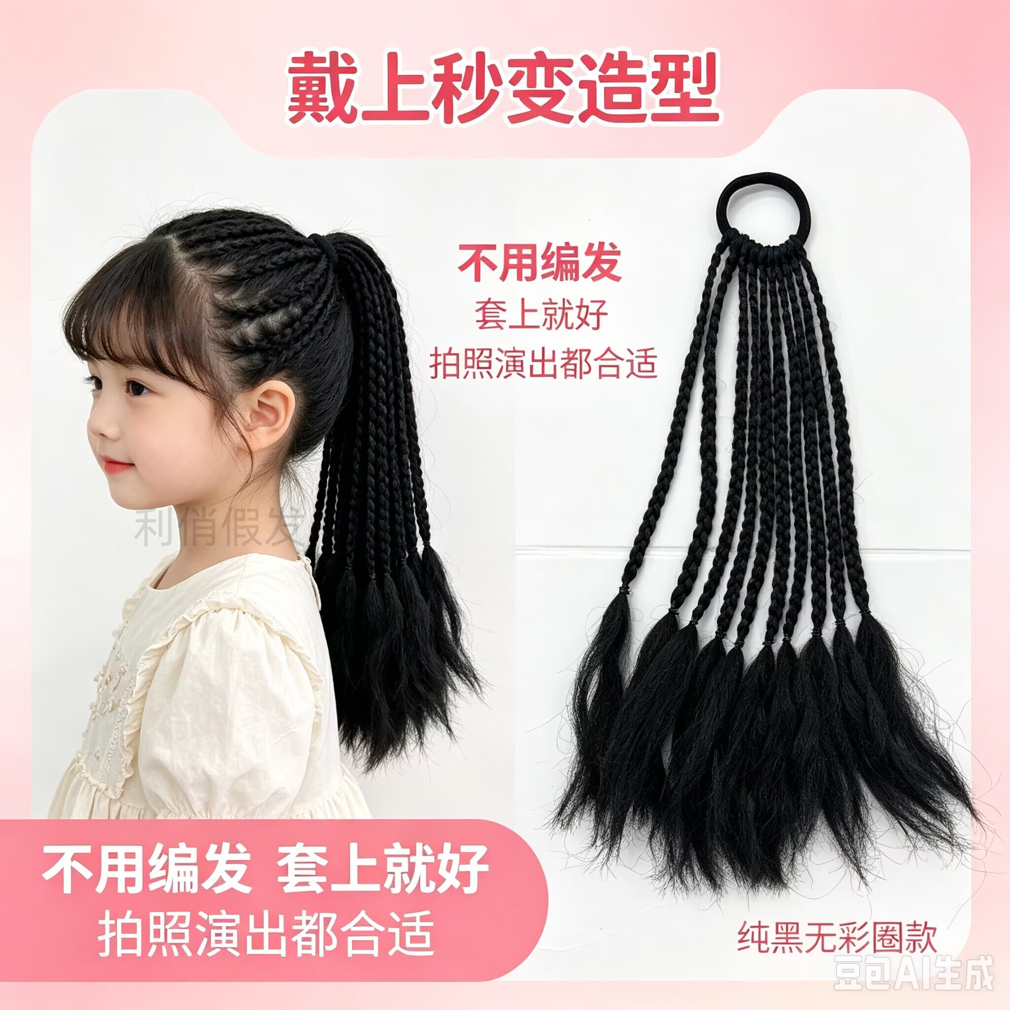 女童纯黑小辫假发马尾弹力发圈图片