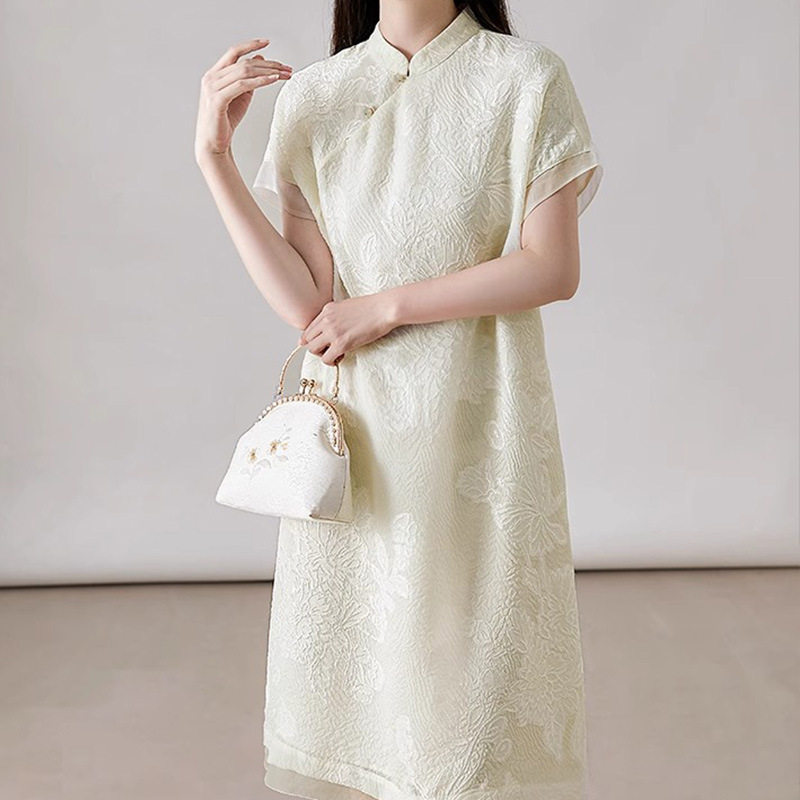 高端桑蚕丝提花真丝裙子新中式旗