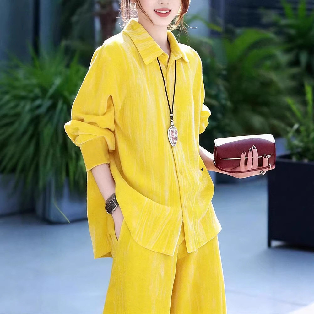 阳光系黄色翻领衬衫直筒裤女装两