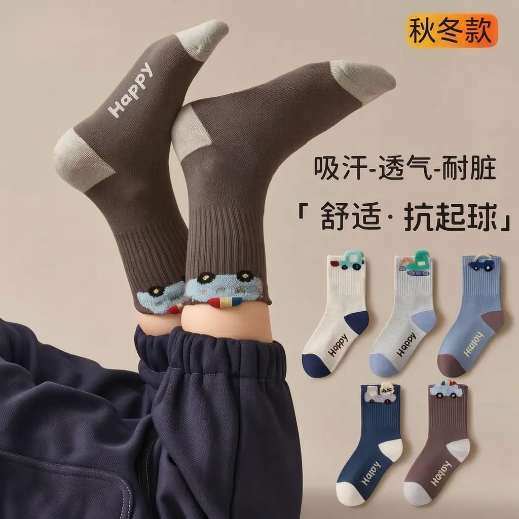 儿童袜子秋冬男童中大童男孩卡通中筒袜春秋小孩吸汗宝宝学生袜