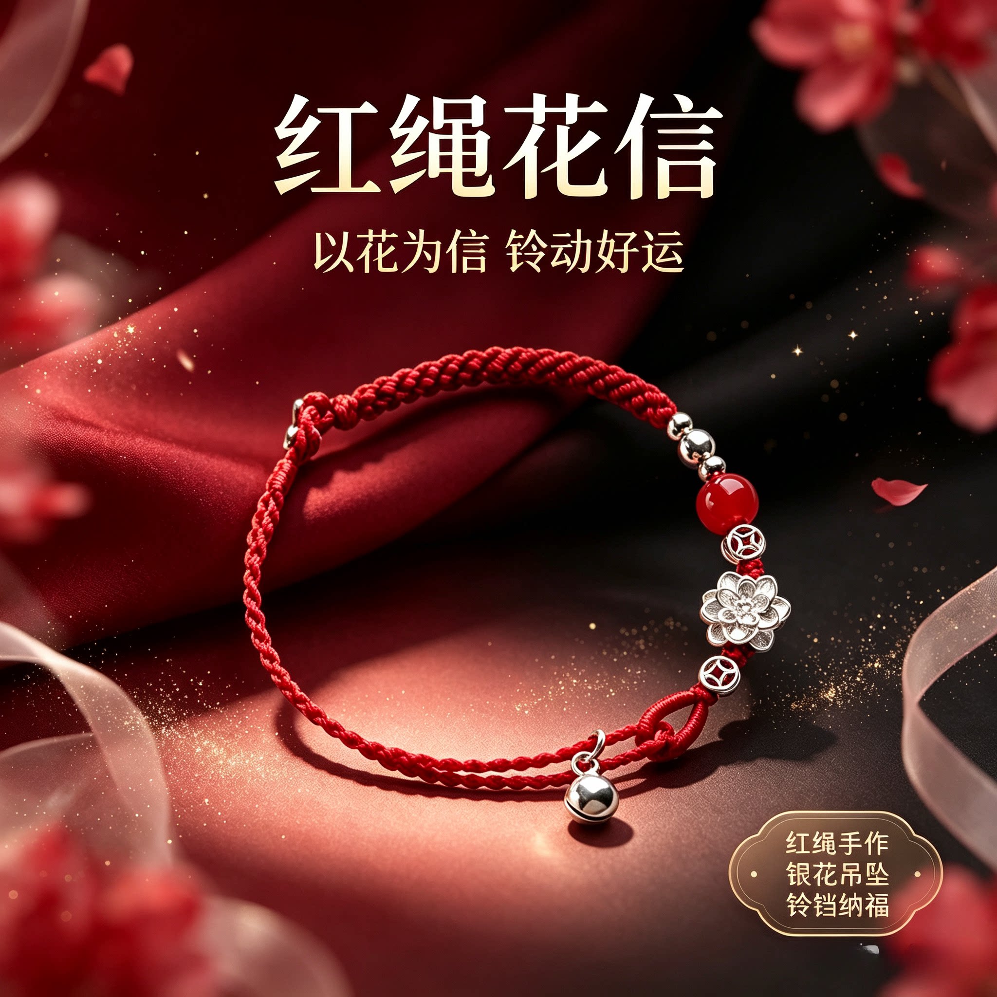 【假一赔十】足银莲花红绳手链女 铃铛手工编织手绳本命年礼物