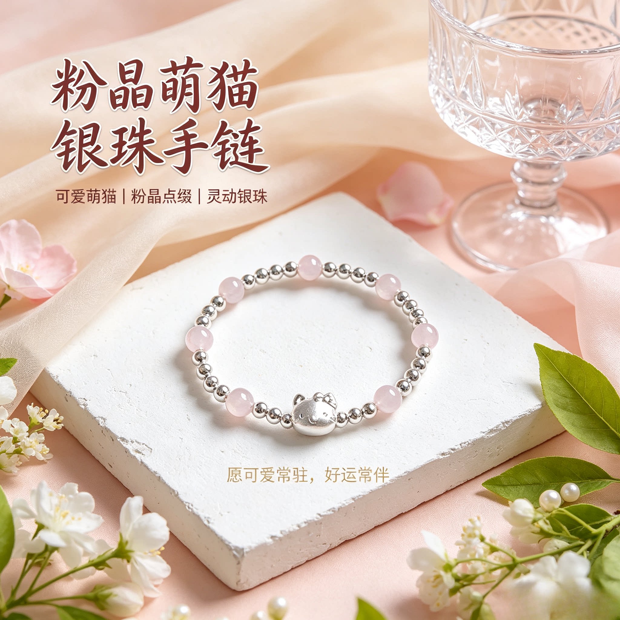 【假一赔十】足银999粉晶kitty猫银珠手链 可爱猫咪送女孩子礼物