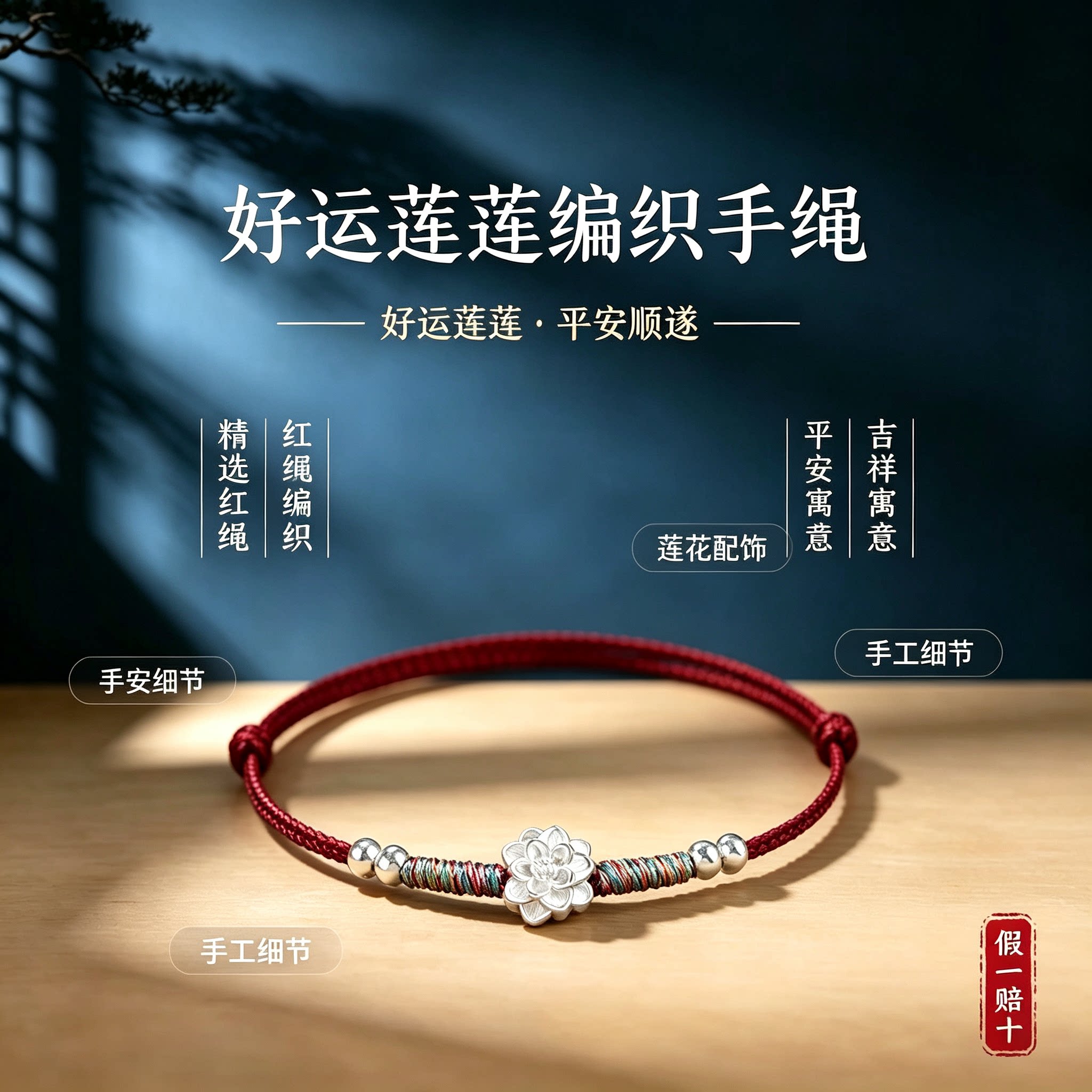 【假一赔十】999足银莲花红绳手链纯银本命年平安简约编织手绳
