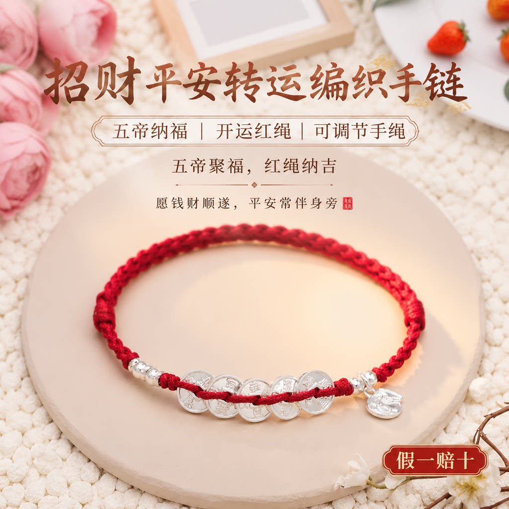 【假一赔十】足银999五帝钱银饰手链女款女生红绳编织编绳礼物