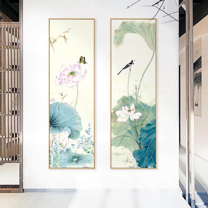 水墨宣言+荷花清新花鸟装饰画玄关走廊过道墙画田园风格竖版挂画