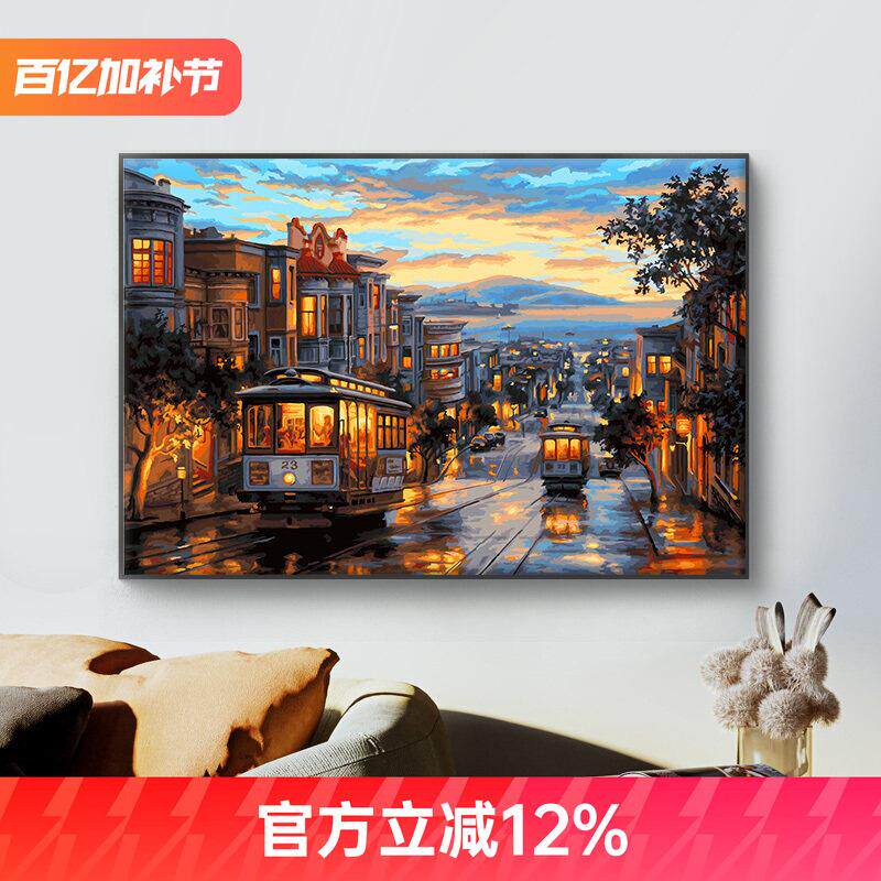 数字油画diy填色画手工填充画画丙烯油彩画手绘大客厅装饰画+暮色
