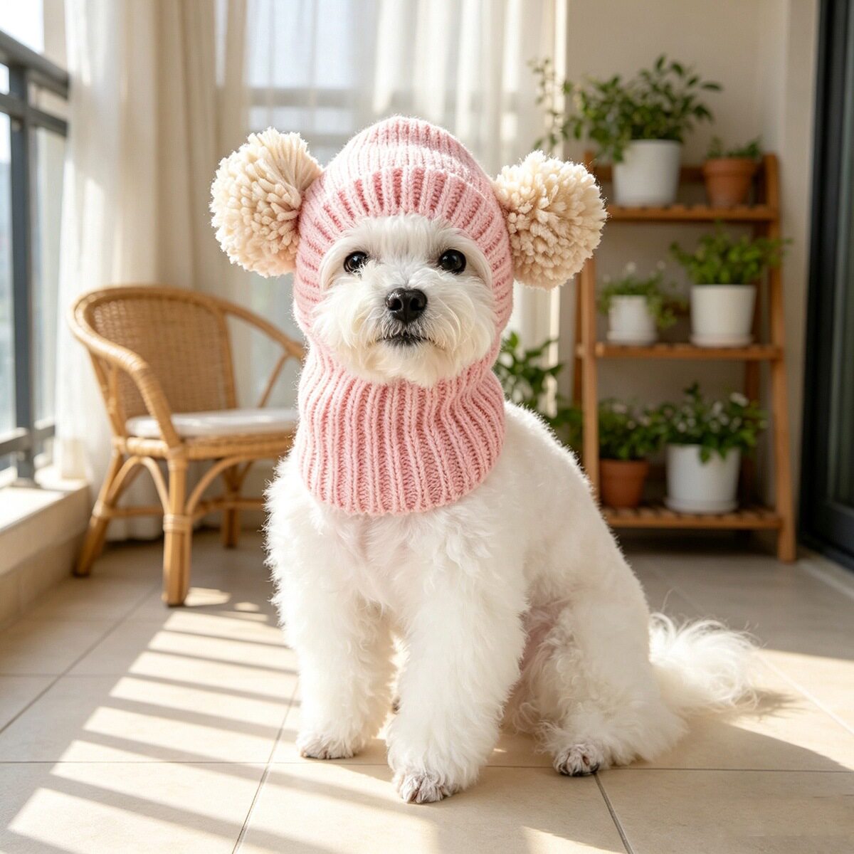 宠物秋冬粉色球球毛线帽 猫狗护脖针织帽 小型犬猫咪保暖帽子批发
