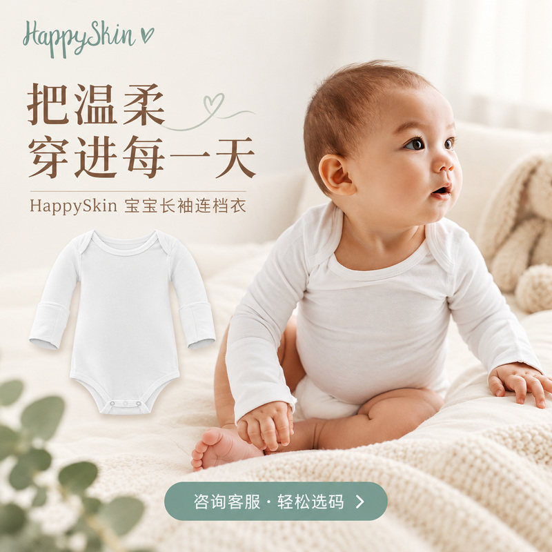 HappySkin婴儿防抓衣 长袖连裆裤 天丝透气翻折袖口
