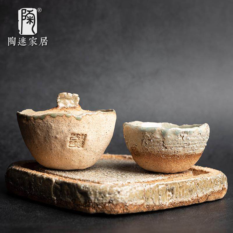 陶迷手工匣钵粗陶盖碗吸水壶承手捏品茗杯80年代复古茶具带礼盒