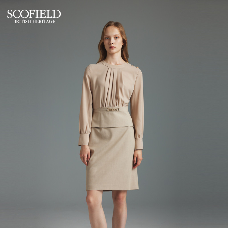 【scofield奥莱】女装褶皱圆领假两件雪纺连衣裙收腰设计感秋季