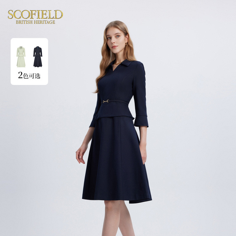 【scofield奥莱】女装小V翻领优雅收腰通勤休闲假两件连衣裙秋季