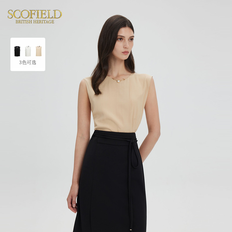 【scofield奥莱】女装静奢都市风无袖衬衫不对称褶皱衬衣夏季