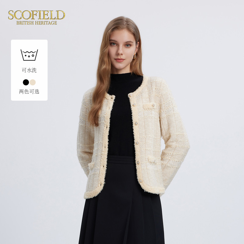 【scofield奥莱】女奢雅圆领羊毛混纺复古小香风可水洗针织衫外套