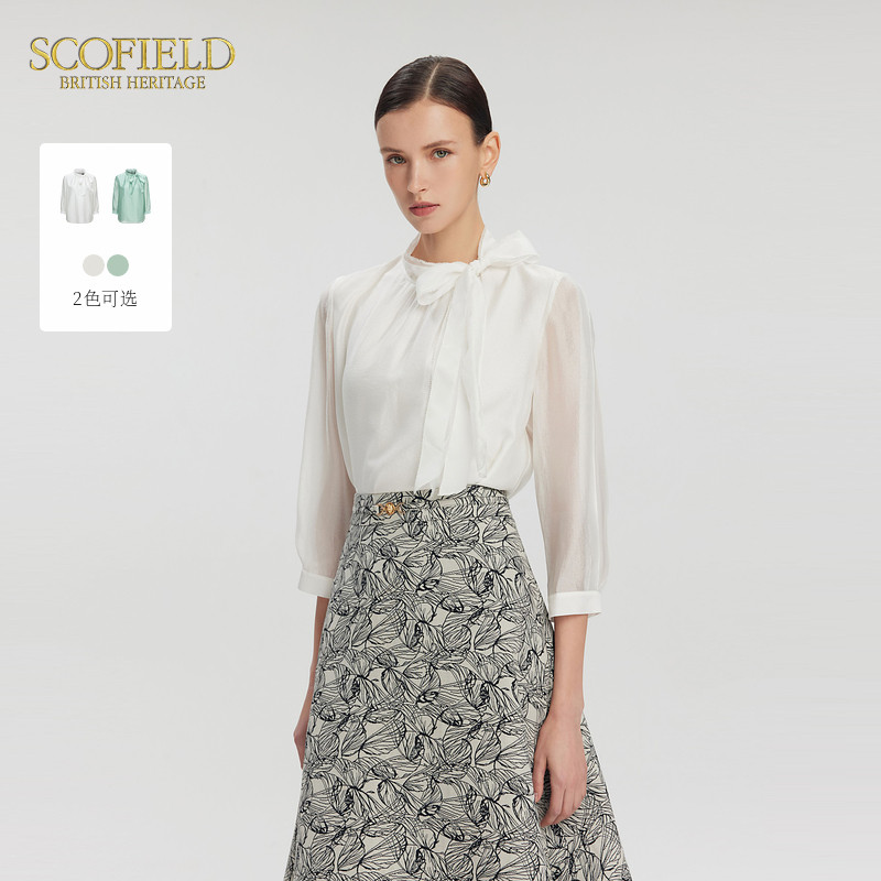 【scofield奥莱】女装法式七分袖雪纺薄荷曼波蝴蝶结领衬衣夏季