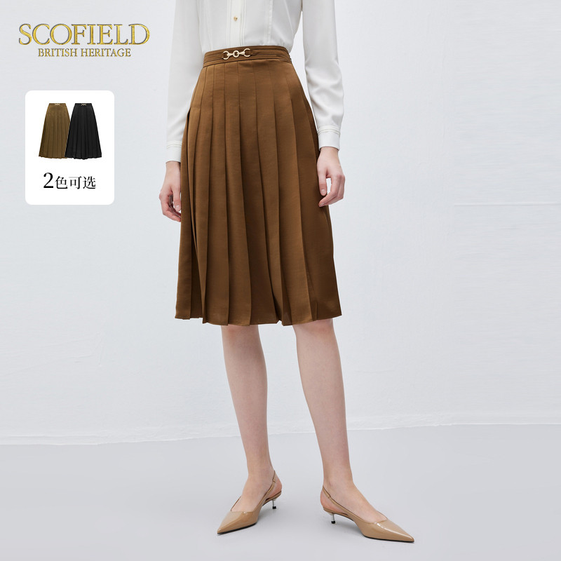 【scofield奥莱】女时尚优雅肌理感百褶半身裙气质休闲A字裙春季