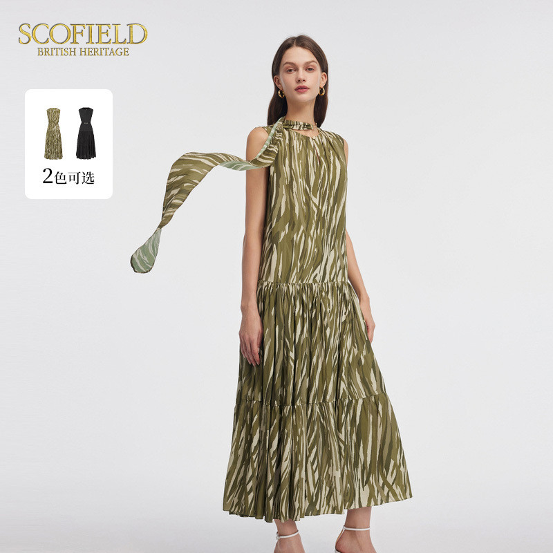 【scofield奥莱】时尚橄榄绿连衣裙法式浪漫无袖碎花长裙夏季裙子图片