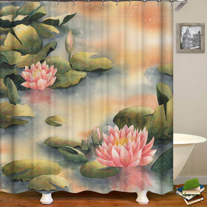 中式荷花油画静物+浴室涤纶防水防霉浴帘布装饰墙布隔断门帘淋浴