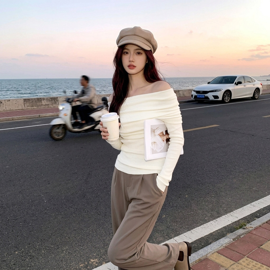 白色一字领长袖修身甜辣妹T恤女