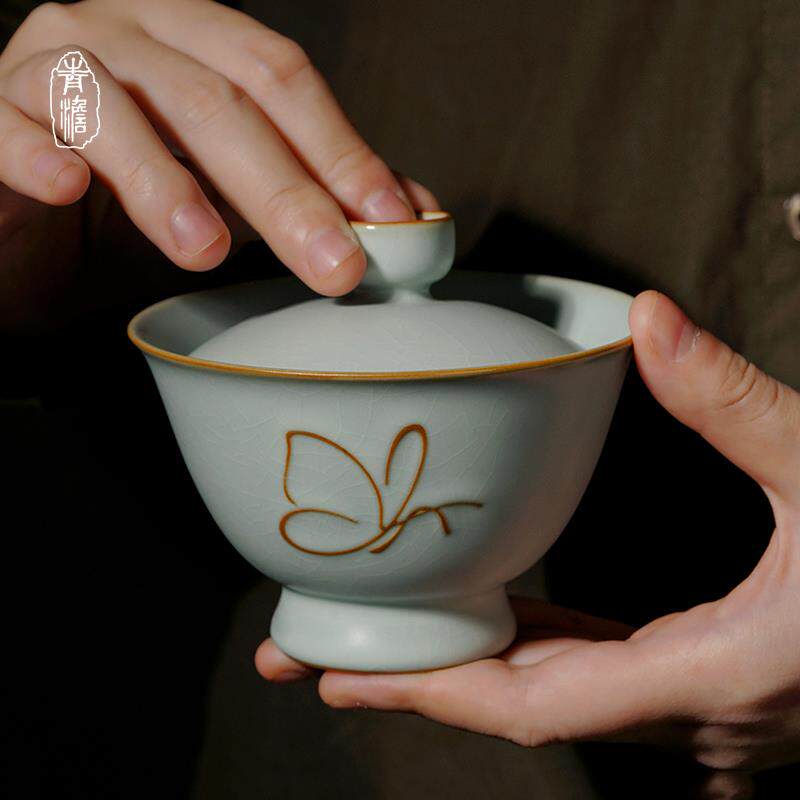 手工盖碗单个景德镇二才茶杯陶瓷复古仿宋汝窑泡茶碗冰裂大号青瓷