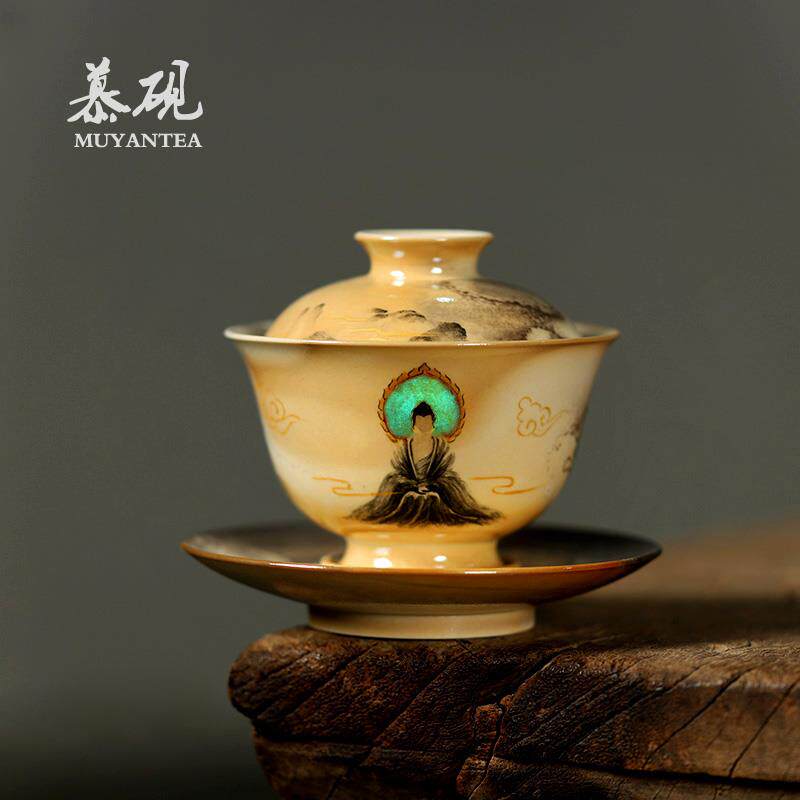 慕砚柴烧三才盖碗茶杯侘寂风手绘敦煌盖杯家用创意功夫茶主泡茶器
