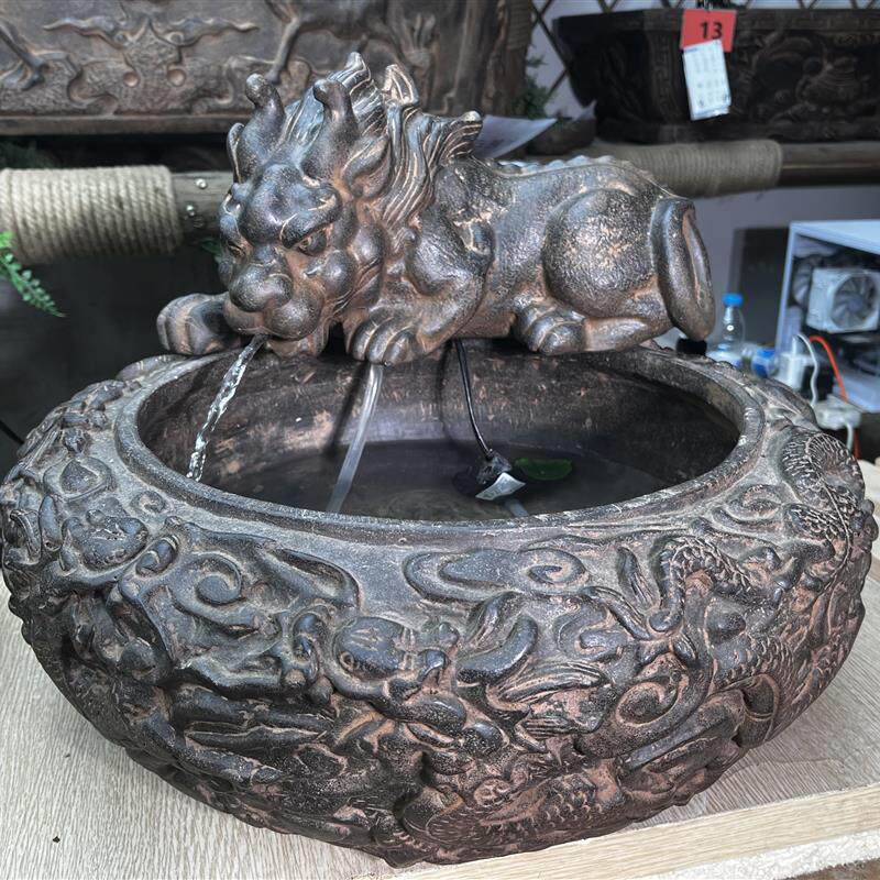 中国风仿青石禅意桌面花盆水盆石头怀旧做旧吐水吸水兽流水花盆