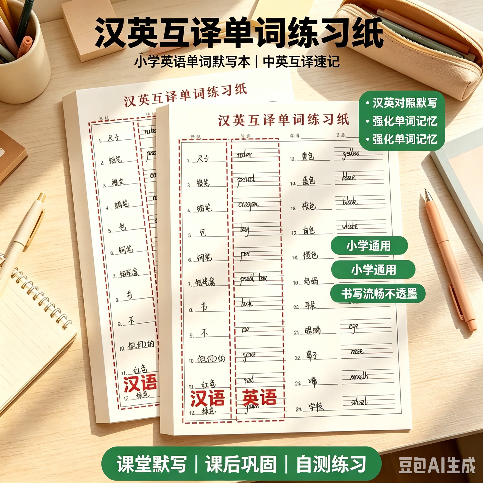汉英互译纸小学生初中生加厚英语单词听默写纸背单词练习本MD