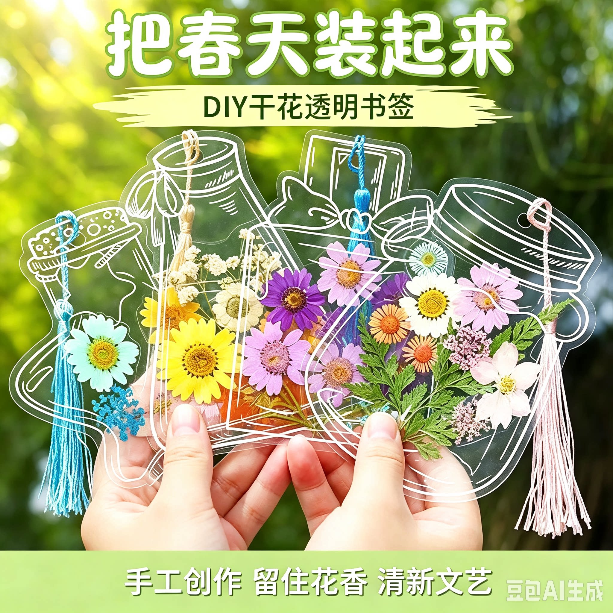 干花书签手工diy透明创意收集瓶子里春天干树叶标本花学生书签JT