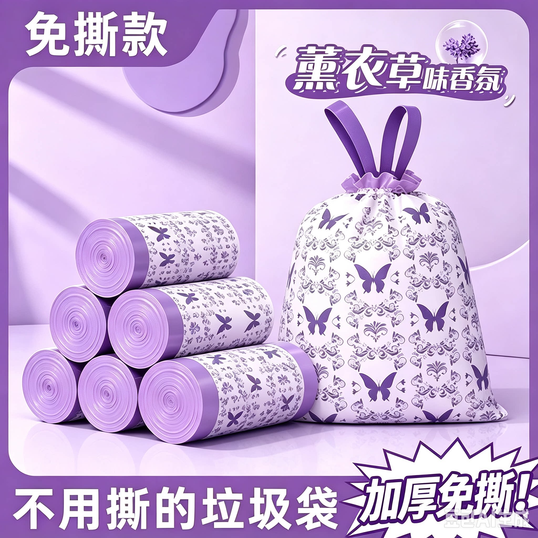免撕新款薰衣草香氛垃圾袋大号加厚抽绳式自动收口厨房家用JT一