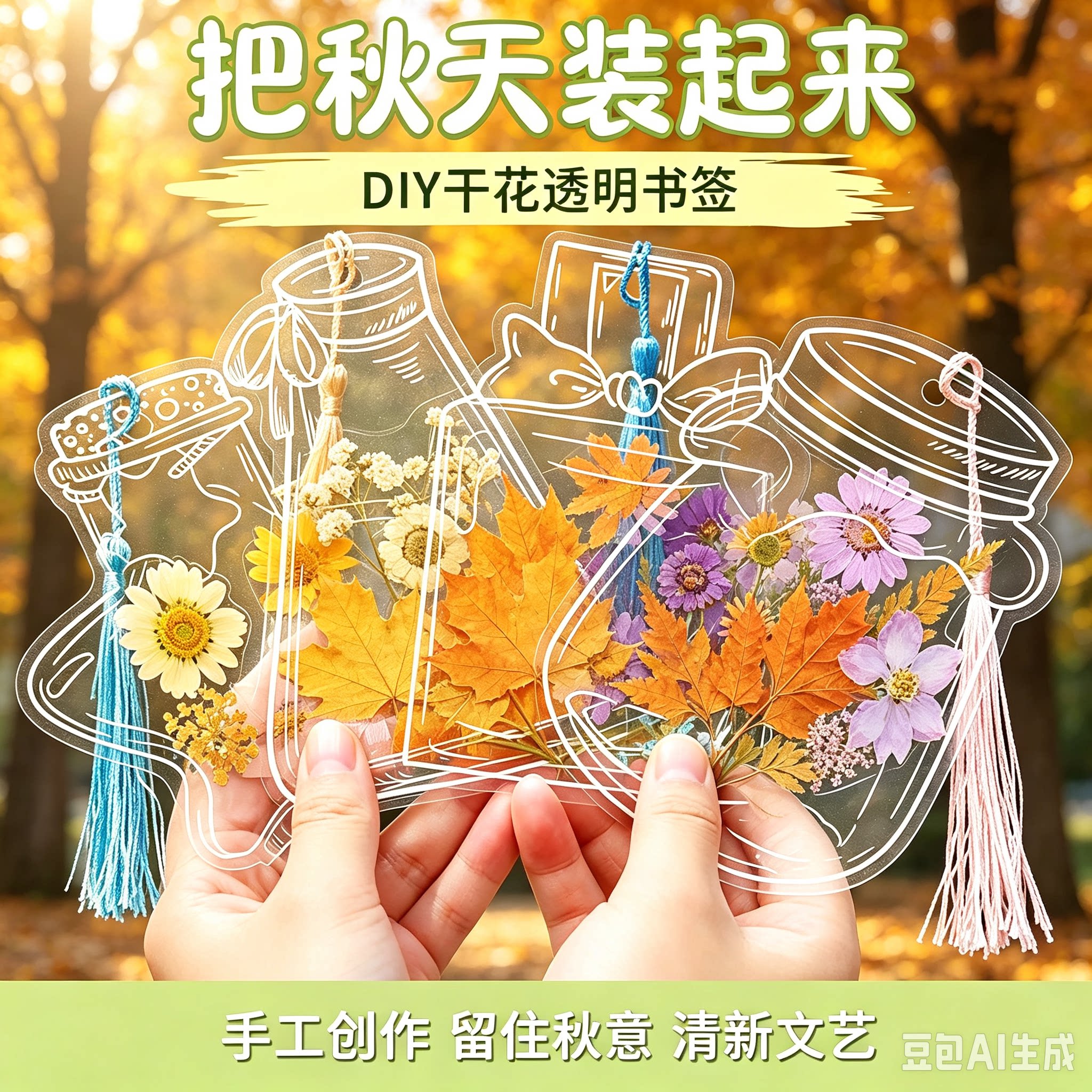 干花书签手工diy透明创意收集瓶子里春天干树叶标本花学生书签MD