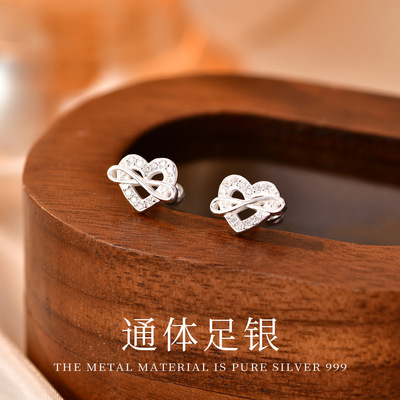 S999银韩版爱心镶钻耳钉女小众设计高级感耳骨钉小清新气质耳饰