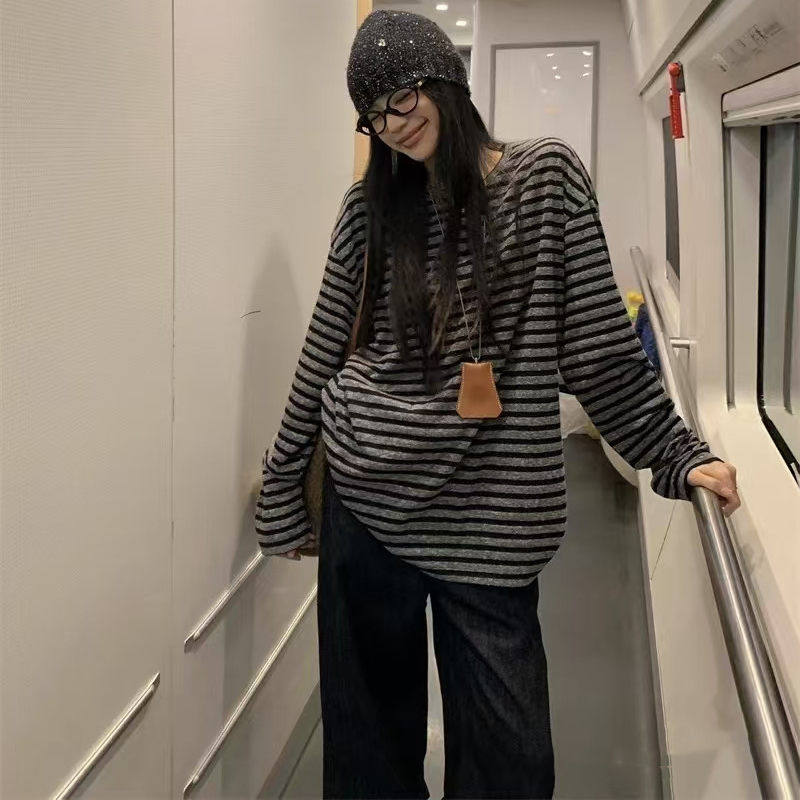 韩系慵懒chic黑灰条纹长