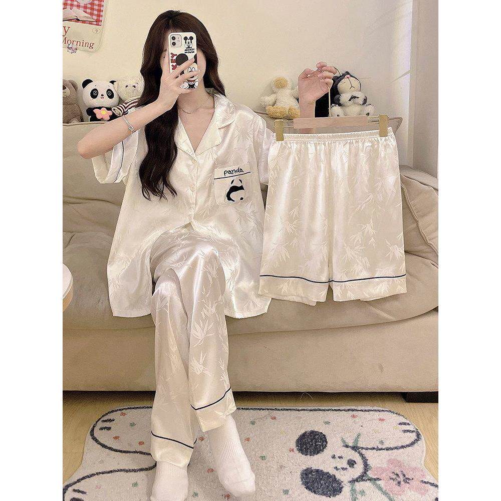 国风熊猫冰丝绸女睡衣三件套春秋季短袖带胸垫大码家居服夏天薄款