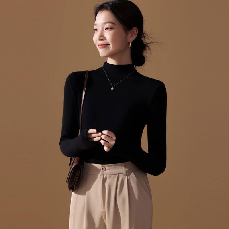 半高领打底衫女2026秋冬新款内搭洋气修身长袖高级感薄款黑色上衣